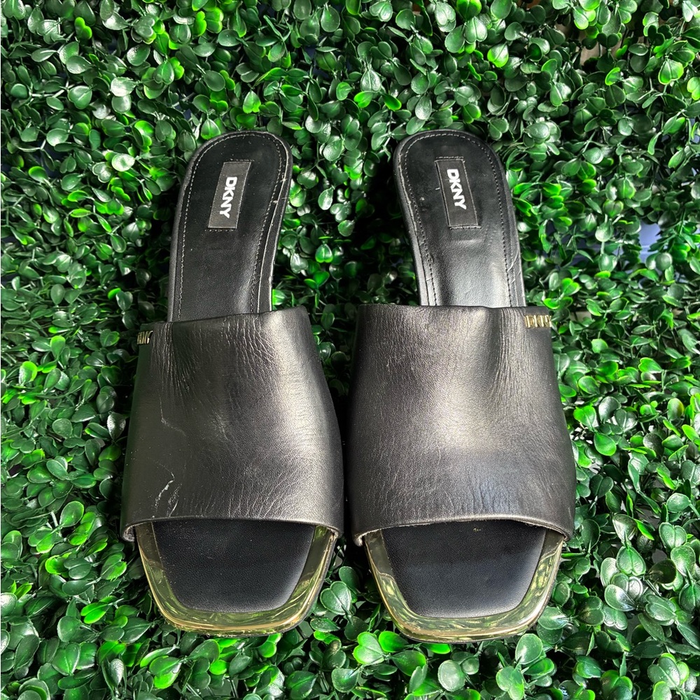 DKNY Black Leather Mules with Gold Accents